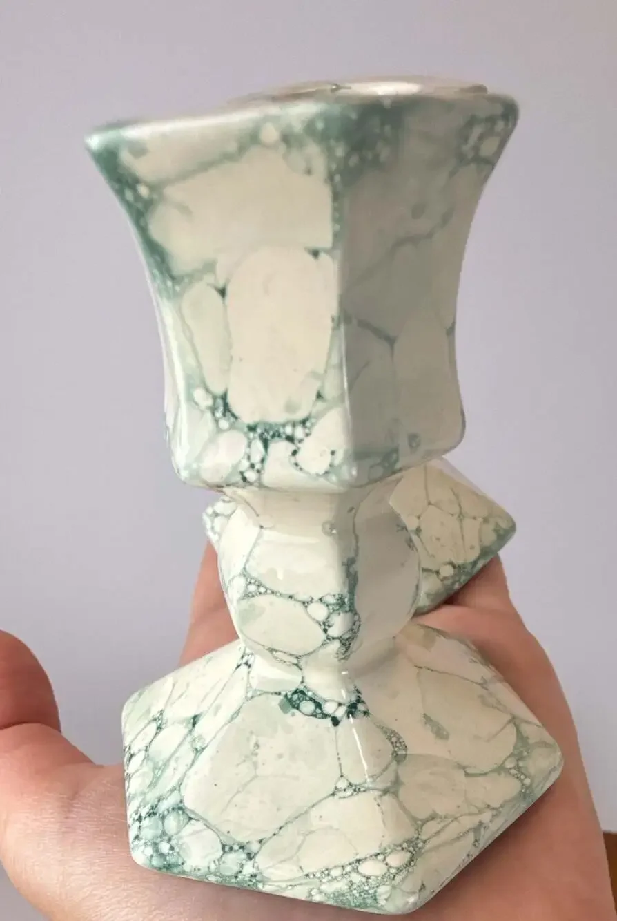 Vintage Partylite Green and White Marbled Ceramic CandleHolders, Pair